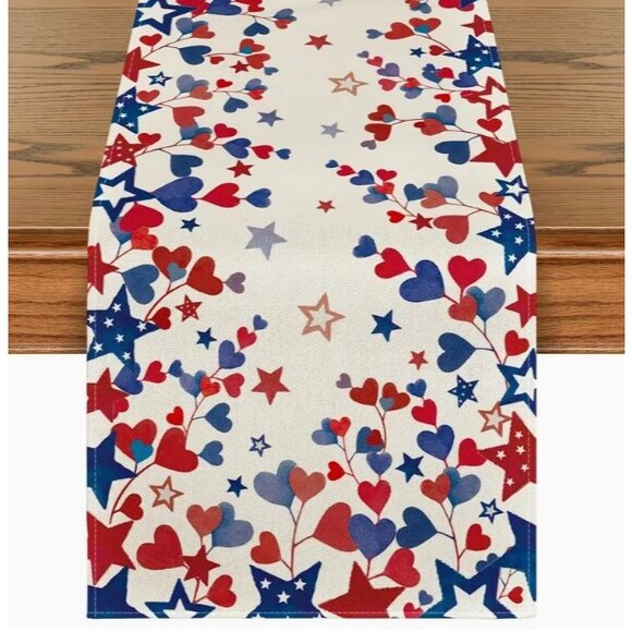 Table Runner 13x72in Woven Polyester Off White w/ Hearts & Stars Patriotic - Picture 1 of 2